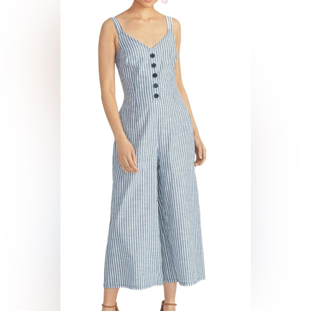 Rachel Rachel‎ Roy Womens Wide-Leg Striped Jumpsuit Navy Linen Blend 0